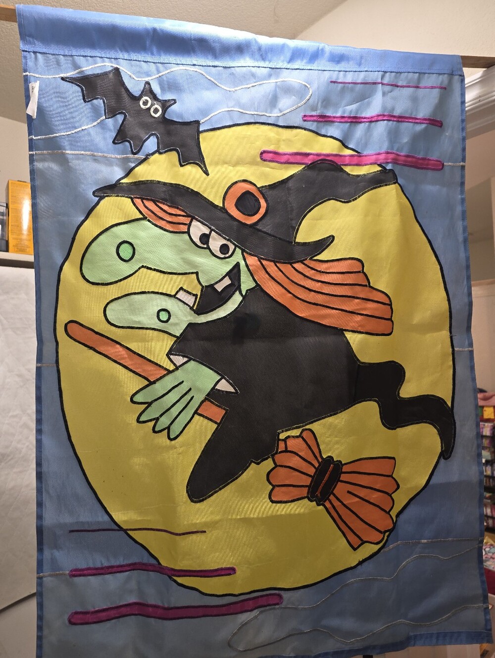 Vintage 1994 Large Halloween Flag Witch Blue Banner 28x39